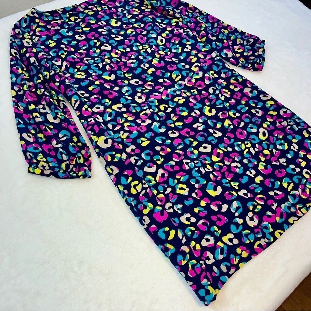 Britt Ryan 100% Silk Dress Large Navy Multicolor 3/4‎ Sleeve Made In USA